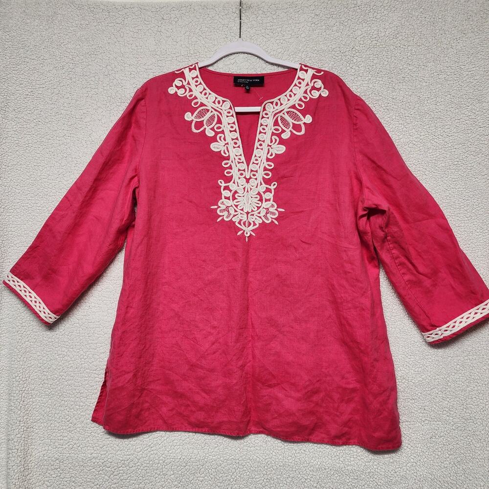 Jones New York Embroidered Split Neck Top Womens XL Bright Pink Linen 1/2 Sleeve